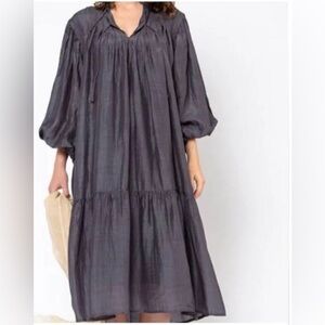 Matta Phool Charcoal Lagenlook Long Sleeve Boho Midi Dress